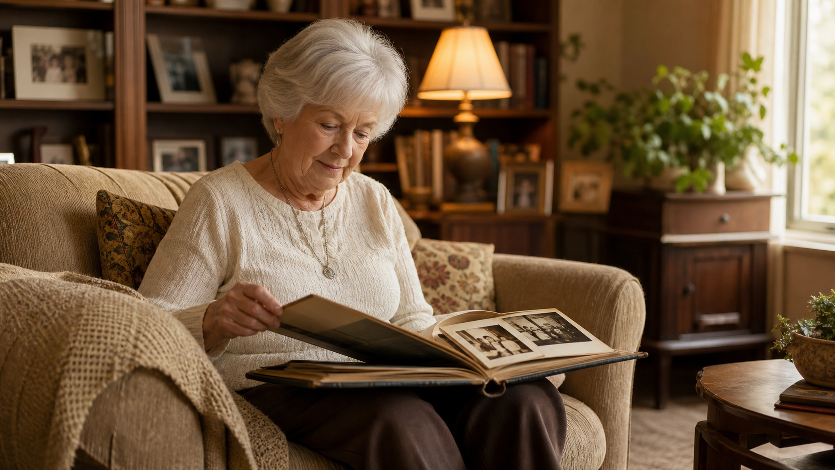 An older woman looking through a family photo album at home