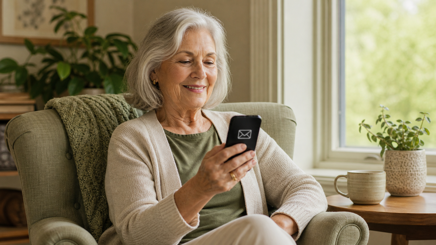 An older woman checking a phone with an email notification