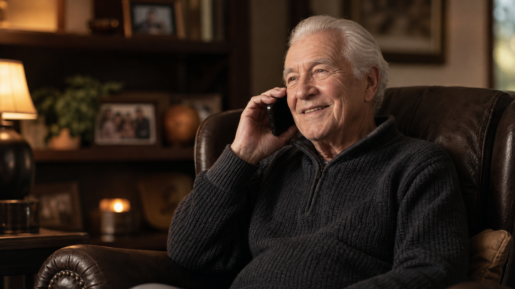An older man having a relaxed phone conversation at home