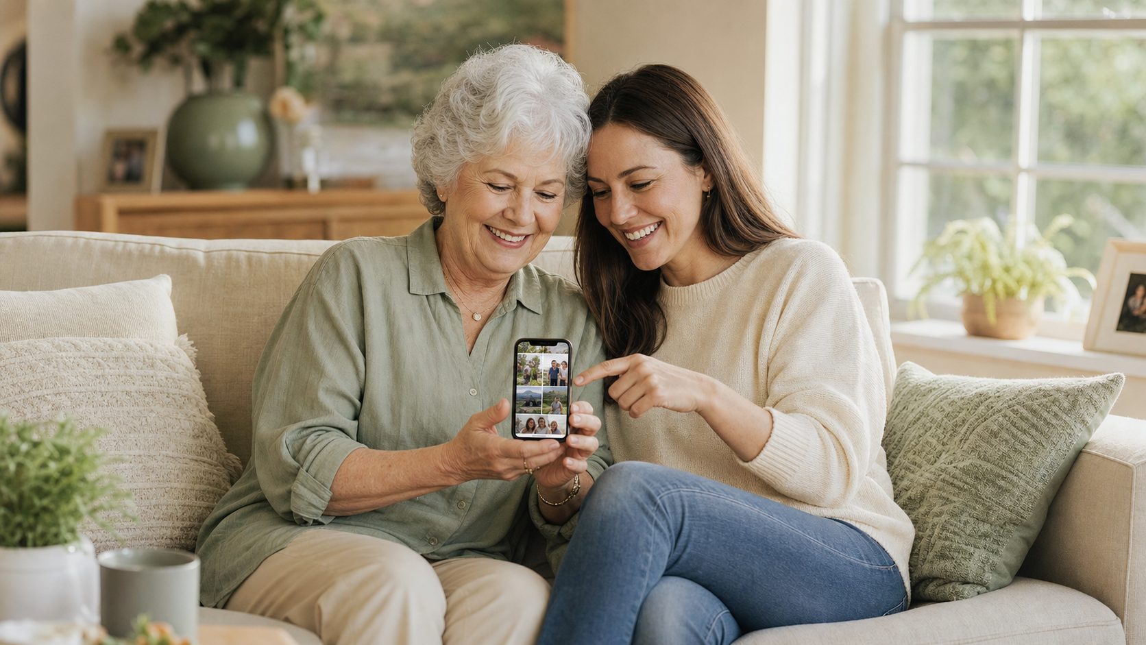 A mother and daughter sharing memories on a phone